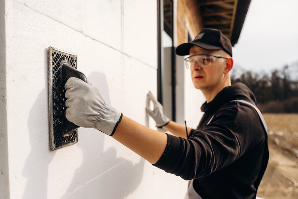 Pose de plaques isolantes dans le cadre de travaux d'isolation extérieur.