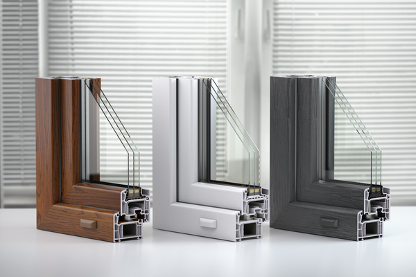 Echantillons de cadres de fenetre triple vitrage PVC.